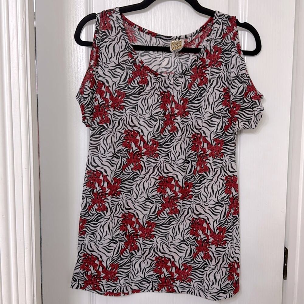 Cleek black and gray striped red flored cold shoulder top size L